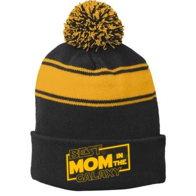 Best Mom In The Galaxy Parody Movie Logo Stripe Pom Pom Beanie