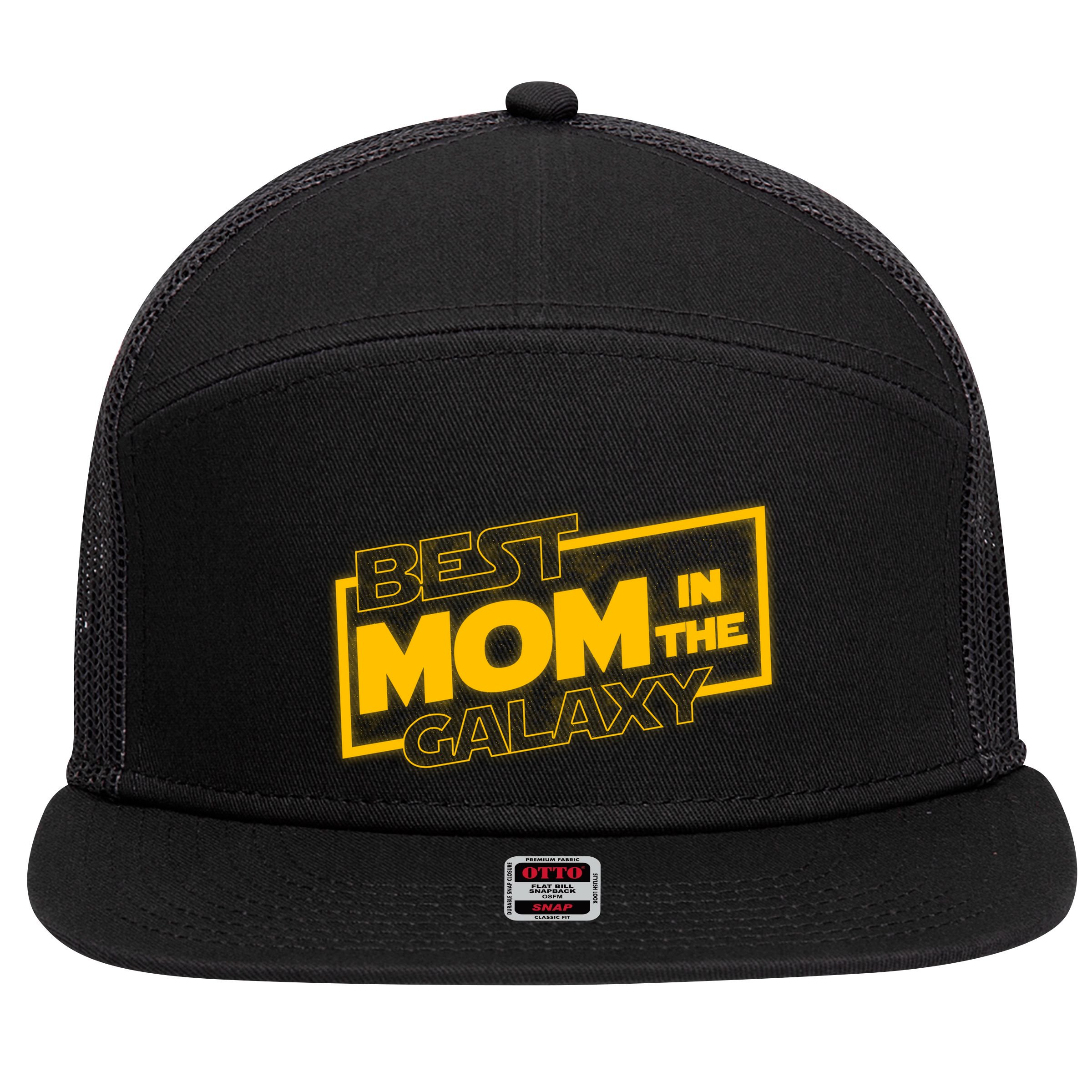Best Mom In The Galaxy Parody Movie Logo 7 Panel Mesh Trucker Snapback Hat