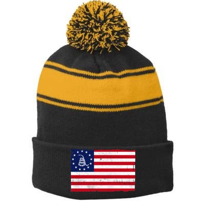 Betsy Ross Don't Tread On Me Flag Stripe Pom Pom Beanie