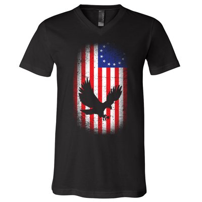 Betsy Ross Flag 13 Colonies Bald Eagle V-Neck T-Shirt