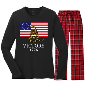 Betsy Ross Flag Don't Tread On Me 13 Colonies Women's Long Sleeve Flannel Pajama Set 