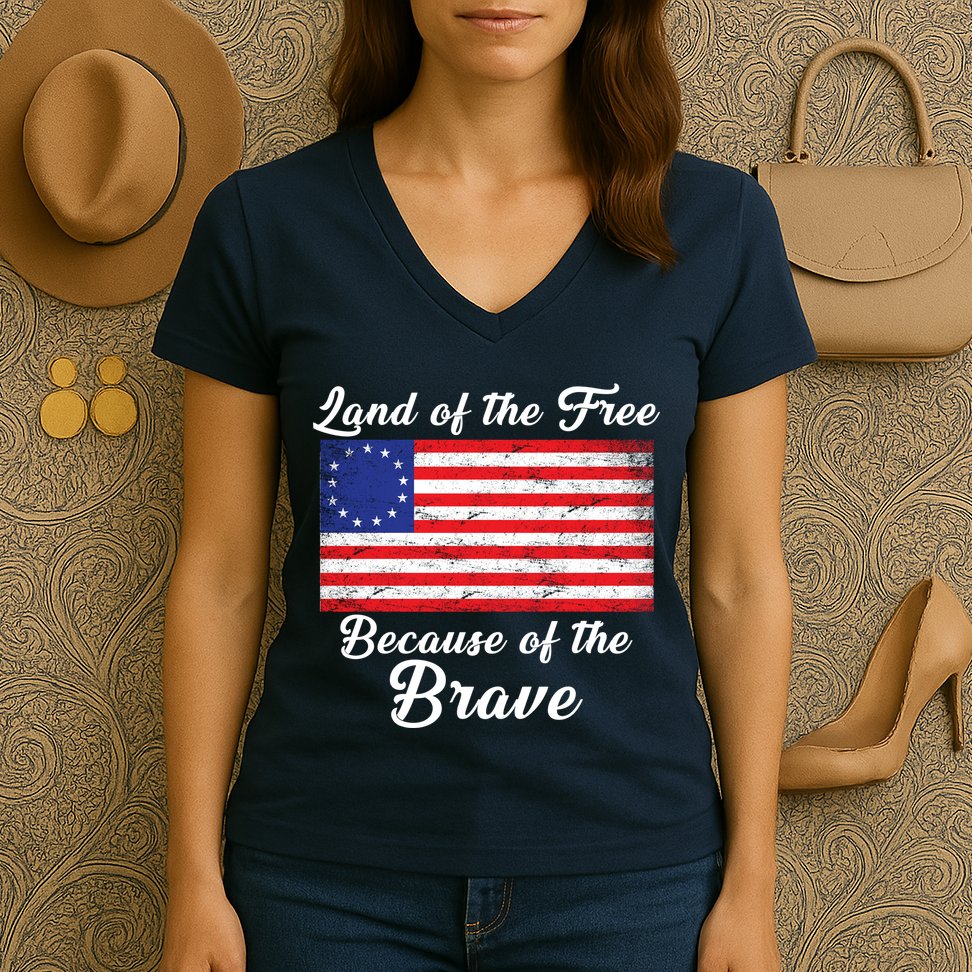 Betsy Ross Land Of The Free Because Of The Brave Women's V-Neck T-Shirt