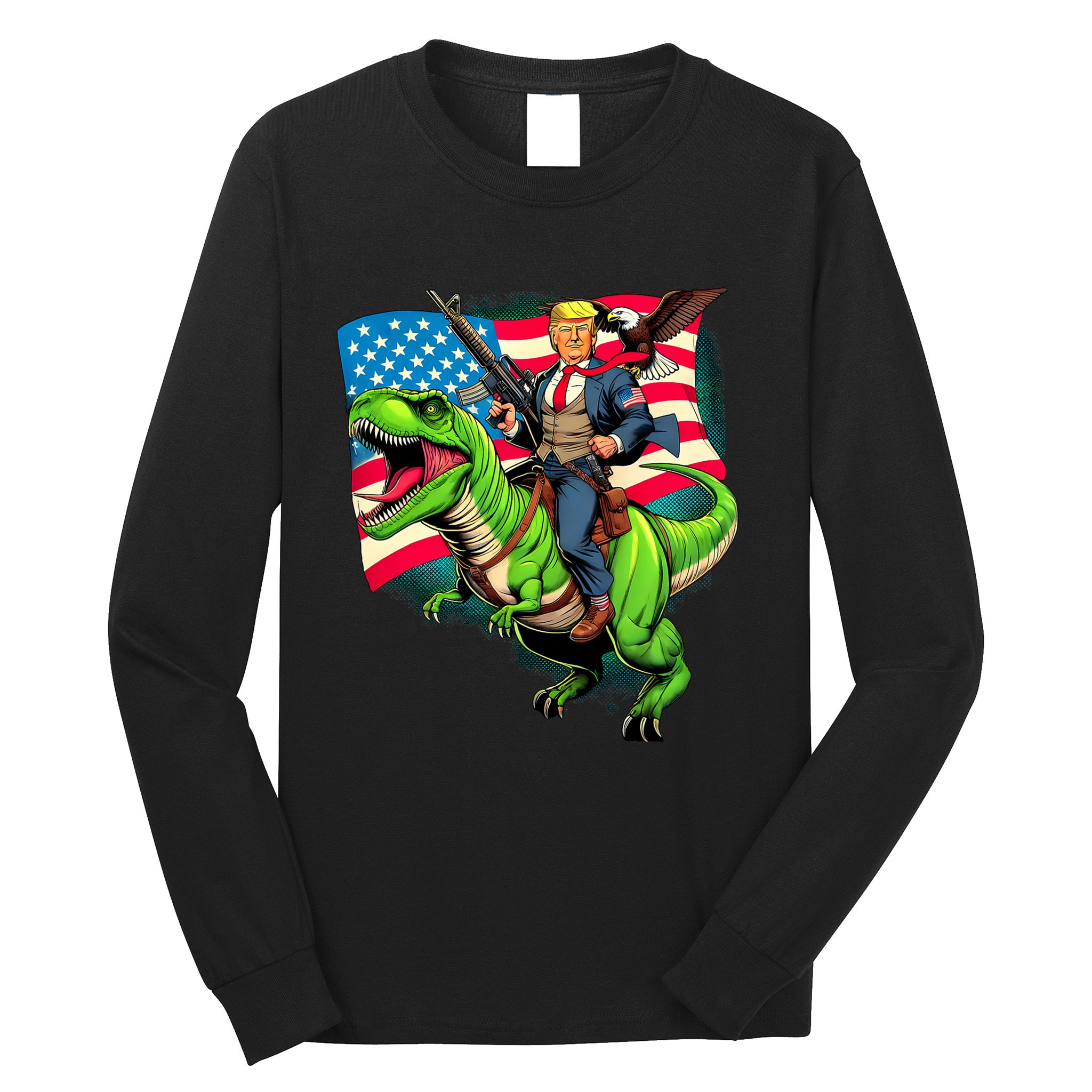 Bald Eagle Us Flag Trump Riding A Trex Long Sleeve Shirt