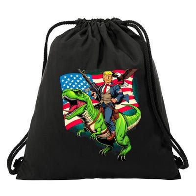Bald Eagle Us Flag Trump Riding A Trex Drawstring Bag