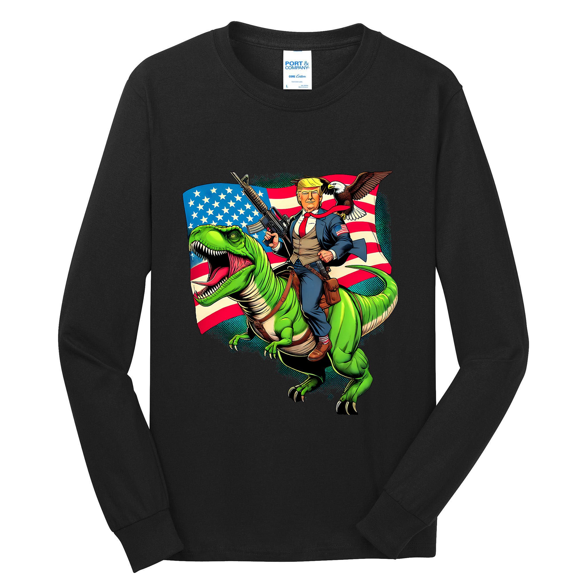 Bald Eagle Us Flag Trump Riding A Trex Tall Long Sleeve T-Shirt
