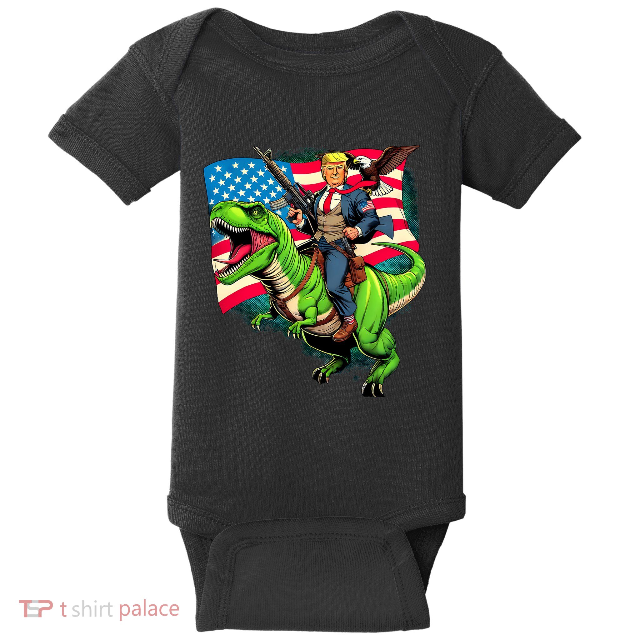 Bald Eagle Us Flag Trump Riding A Trex Baby Bodysuit