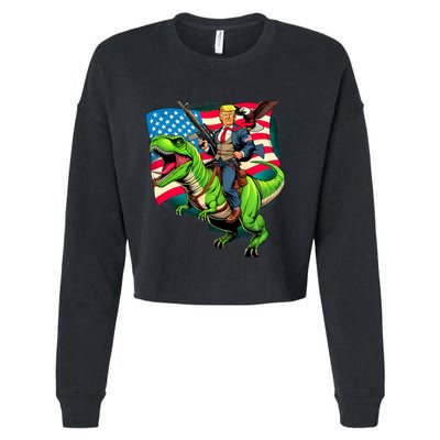 Bald Eagle Us Flag Trump Riding A Trex Cropped Pullover Crew