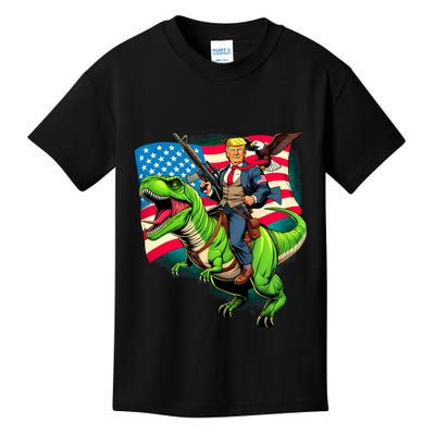 Bald Eagle Us Flag Trump Riding A Trex Kids T-Shirt