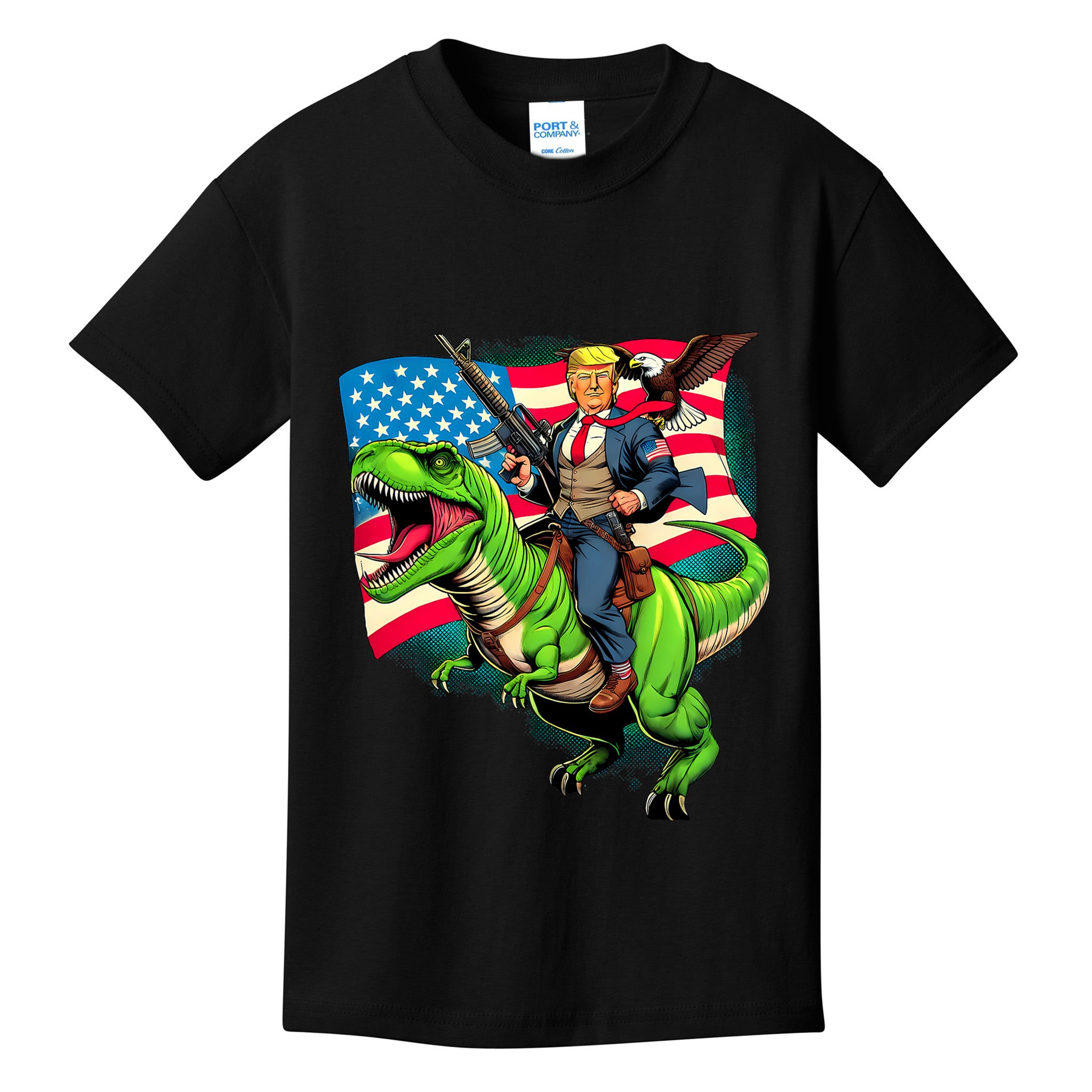 Bald Eagle Us Flag Trump Riding A Trex Kids T-Shirt