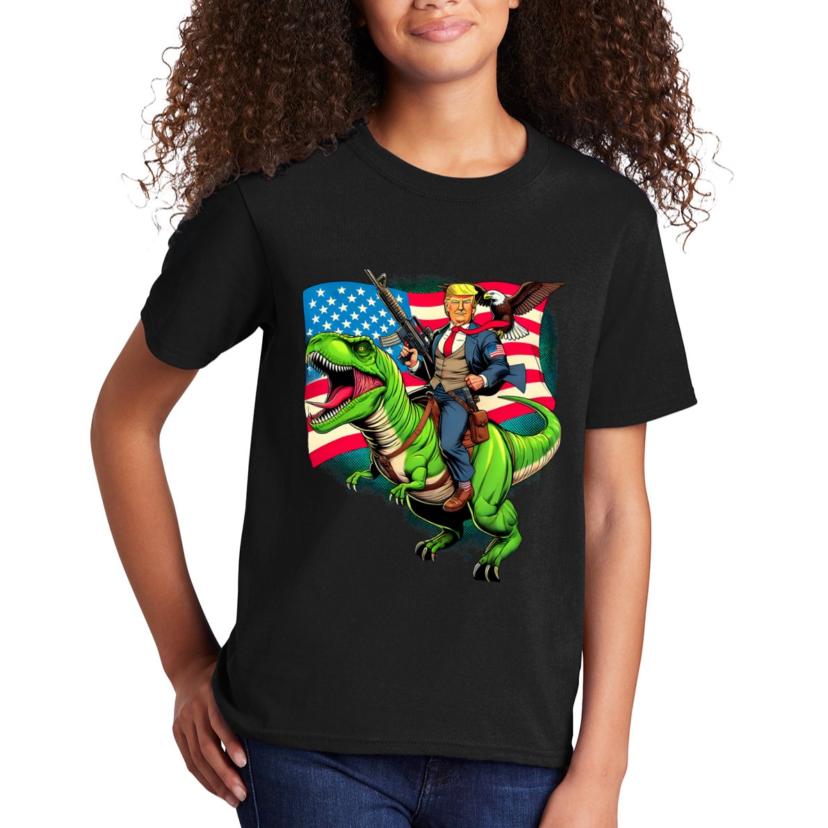Bald Eagle Us Flag Trump Riding A Trex Kids T-Shirt