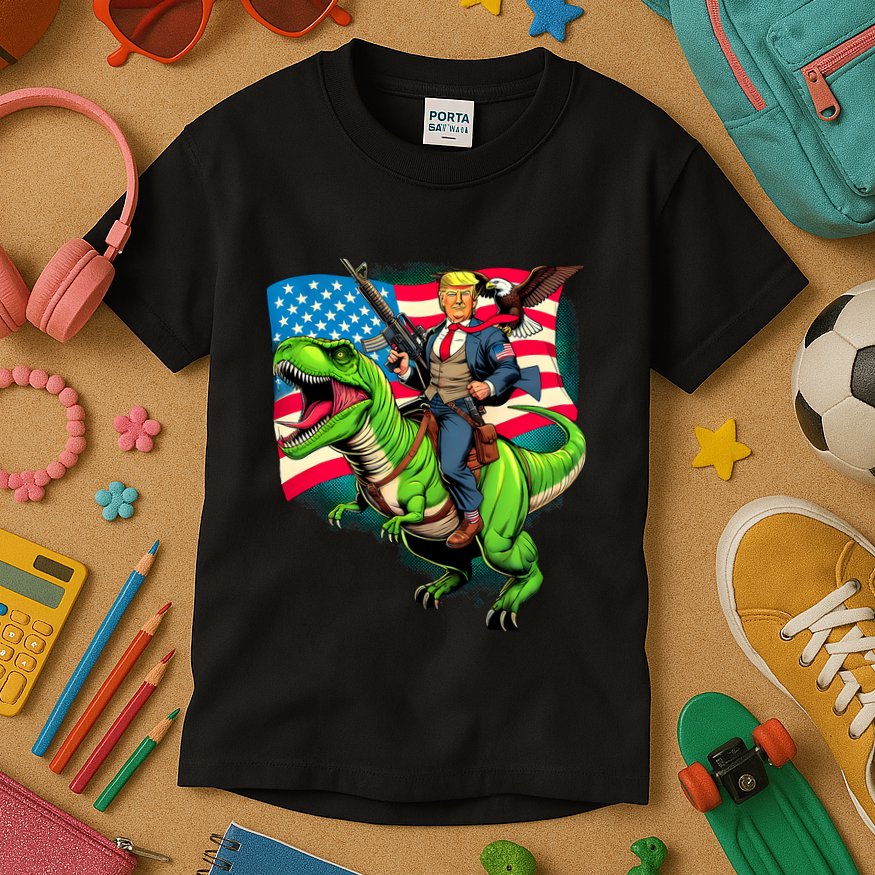 Bald Eagle Us Flag Trump Riding A Trex Kids T-Shirt