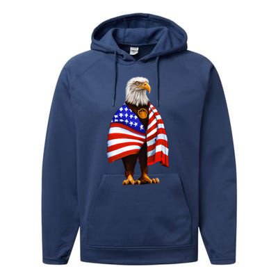 Bald Eagle Wearing An American Flag Great Gift Patriotic Eagle Great Gift Performance Fleece Hoodie