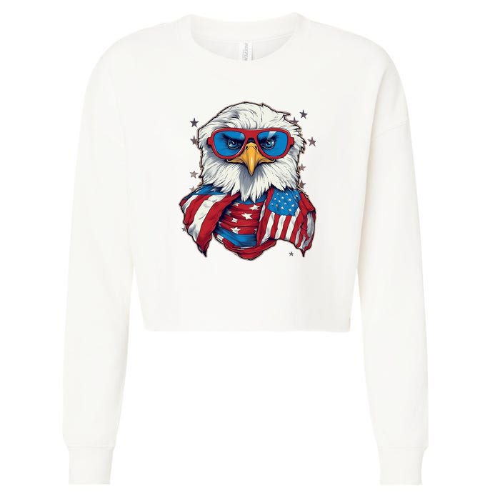 Bald Eagle With American Flag IA Cropped Pullover Crew