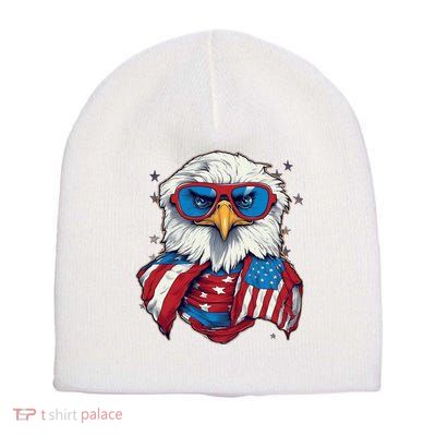 Bald Eagle With American Flag IA Short Acrylic Beanie