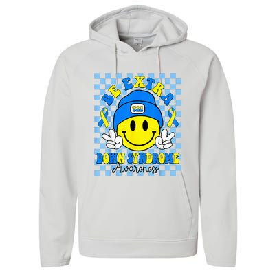 Be Extra Yellow And Blue Smile Face Down Syndrome Performance Fleece Hoodie