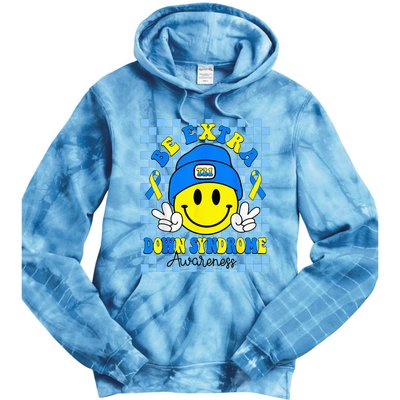 Be Extra Yellow And Blue Smile Face Down Syndrome Tie Dye Hoodie