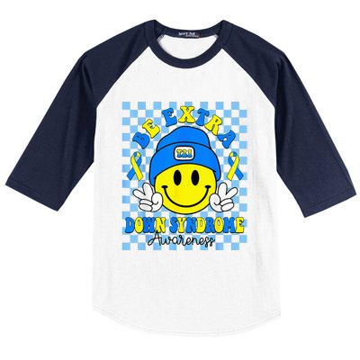 Be Extra Yellow And Blue Smile Face Down Syndrome Baseball Sleeve Shirt