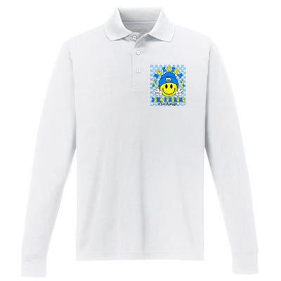 Be Extra Yellow And Blue Smile Face Down Syndrome Performance Long Sleeve Polo