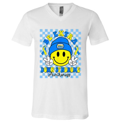 Be Extra Yellow And Blue Smile Face Down Syndrome V-Neck T-Shirt