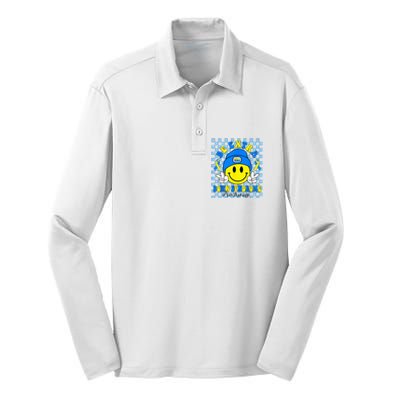 Be Extra Yellow And Blue Smile Face Down Syndrome Silk Touch Performance Long Sleeve Polo