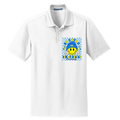 Be Extra Yellow And Blue Smile Face Down Syndrome Dry Zone Grid Polo