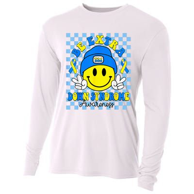 Be Extra Yellow And Blue Smile Face Down Syndrome Cooling Performance Long Sleeve Crew