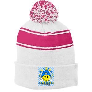 Be Extra Yellow And Blue Smile Face Down Syndrome Awareness Stripe Pom Pom Beanie