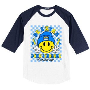 Be Extra Yellow And Blue Smile Face Down Syndrome Awareness Baseball Sleeve Shirt