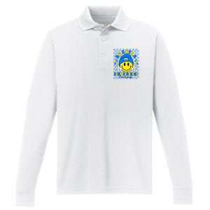 Be Extra Yellow And Blue Smile Face Down Syndrome Awareness Performance Long Sleeve Polo