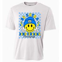 Be Extra Yellow And Blue Smile Face Down Syndrome Awareness Cooling Performance Crew T-Shirt