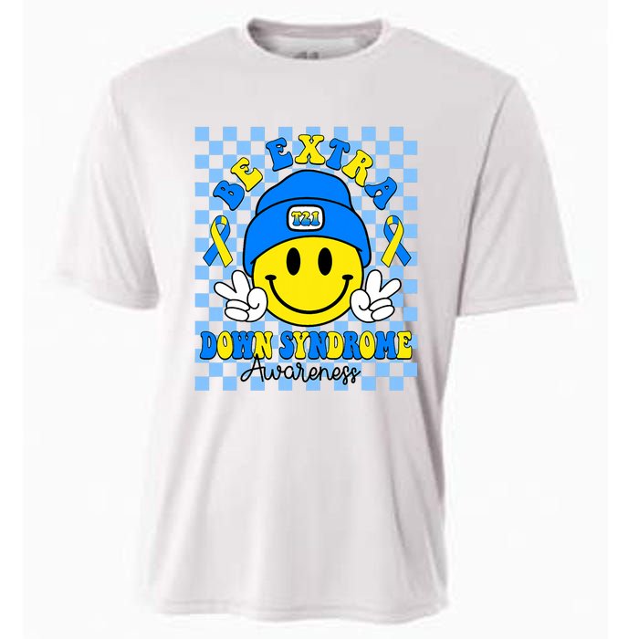 Be Extra Yellow And Blue Smile Face Down Syndrome Awareness Cooling Performance Crew T-Shirt