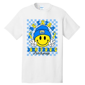 Be Extra Yellow And Blue Smile Face Down Syndrome Awareness Tall T-Shirt