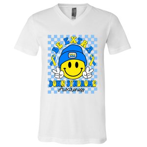 Be Extra Yellow And Blue Smile Face Down Syndrome Awareness V-Neck T-Shirt