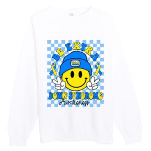 Be Extra Yellow And Blue Smile Face Down Syndrome Awareness Premium Crewneck Sweatshirt