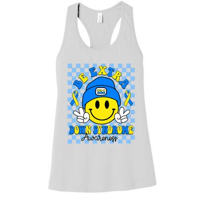 Be Extra Yellow And Blue Smile Face Down Syndrome Awareness Women's Racerback Tank