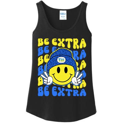 Be Extra Yellow And Blue Smile Face Down Syndrome Awareness Ladies Essential Tank