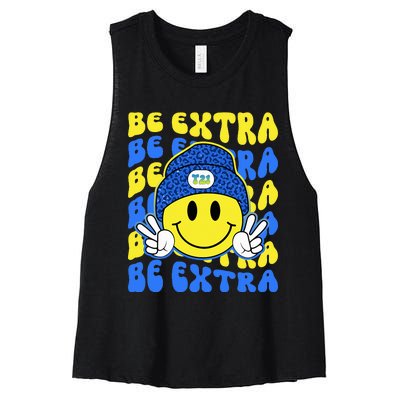 Be Extra Yellow And Blue Smile Face Down Syndrome Awareness Women's Racerback Cropped Tank