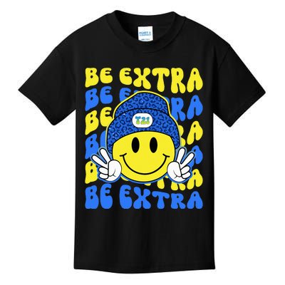 Be Extra Yellow And Blue Smile Face Down Syndrome Awareness Kids T-Shirt