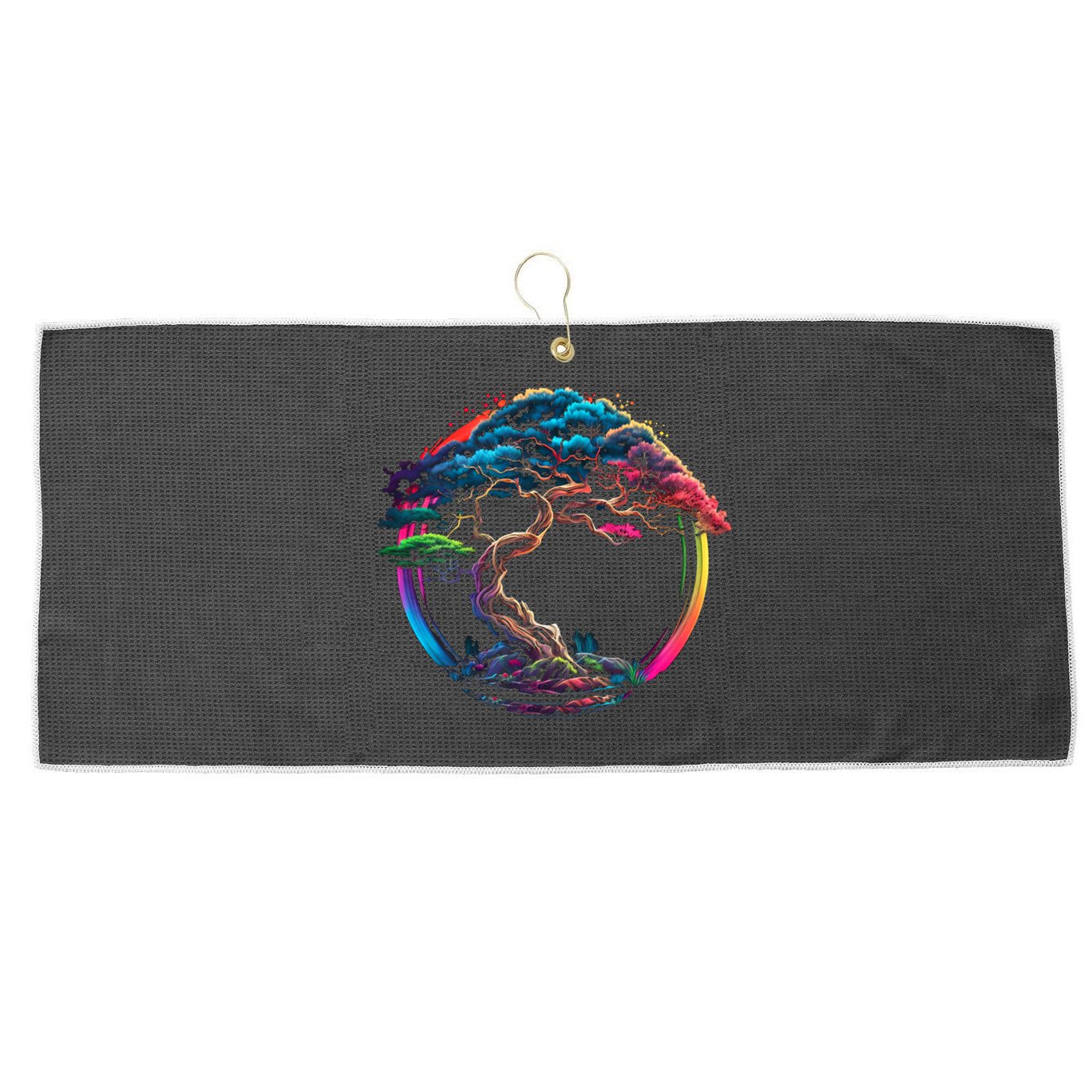 Bonsai Enso Zen Circle Tree Japan Spirituality Rainbow Gift Large Microfiber Waffle Golf Towel