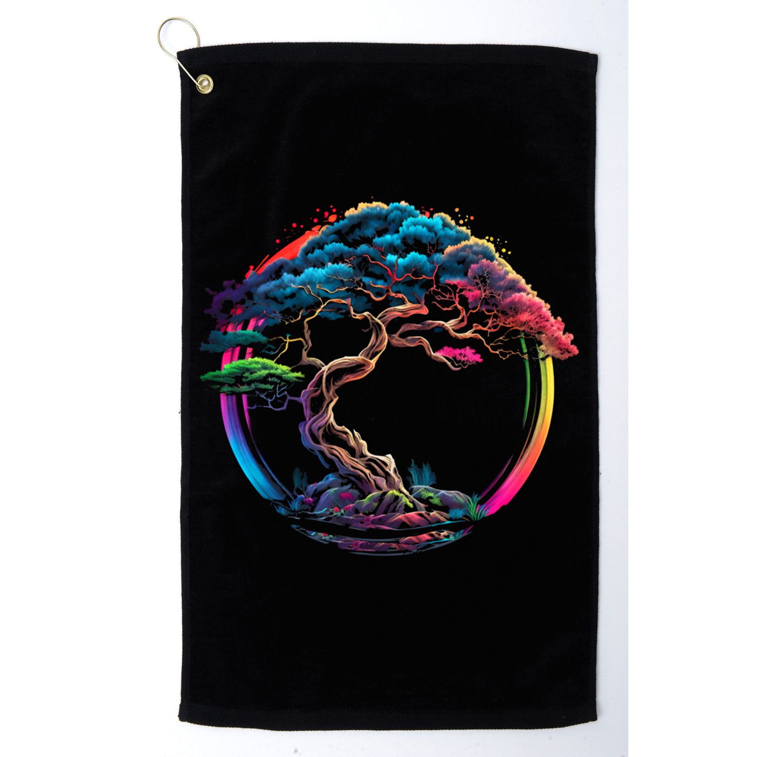 Bonsai Enso Zen Circle Tree Japan Spirituality Rainbow Gift Golf Towel