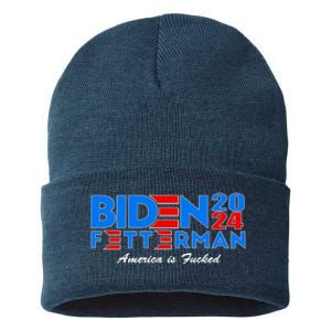 Biden Fetterman 2024 America Is Fucked Funny Sustainable Knit Beanie