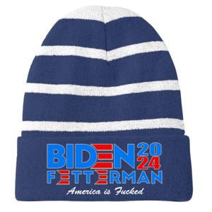 Biden Fetterman 2024 America Is Fucked Funny Striped Beanie with Solid Band