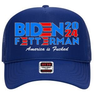 Biden Fetterman 2024 America Is Fucked Funny High Crown Mesh Back Trucker Hat