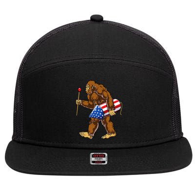 Bigfoot Fireworks 4th of July Sasquatch American Flag US 7 Panel Mesh Trucker Snapback Hat