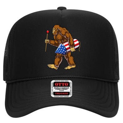 Bigfoot Fireworks 4th of July Sasquatch American Flag US High Crown Mesh Back Trucker Hat