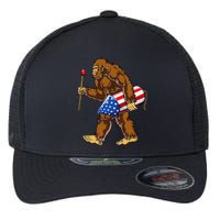 Bigfoot Fireworks 4th of July Sasquatch American Flag US Flexfit Unipanel Trucker Cap