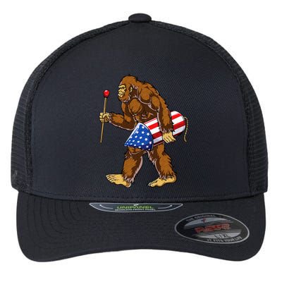 Bigfoot Fireworks 4th of July Sasquatch American Flag US Flexfit Unipanel Trucker Cap