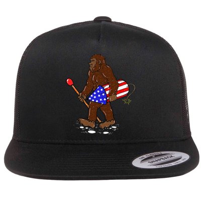 Bigfoot Fireworks 4th Of July Funny Sasquatch Lover Flat Bill Trucker Hat