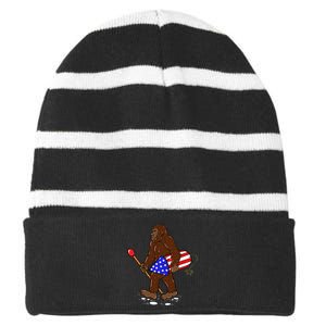 Bigfoot Fireworks 4th Of July Funny Sasquatch Lover Striped Beanie with Solid Band