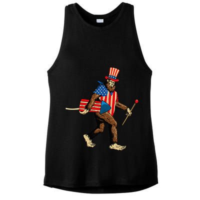 Bigfoot Fireworks 4th of July Sasquatch American Flag Ladies PosiCharge Tri-Blend Wicking Tank